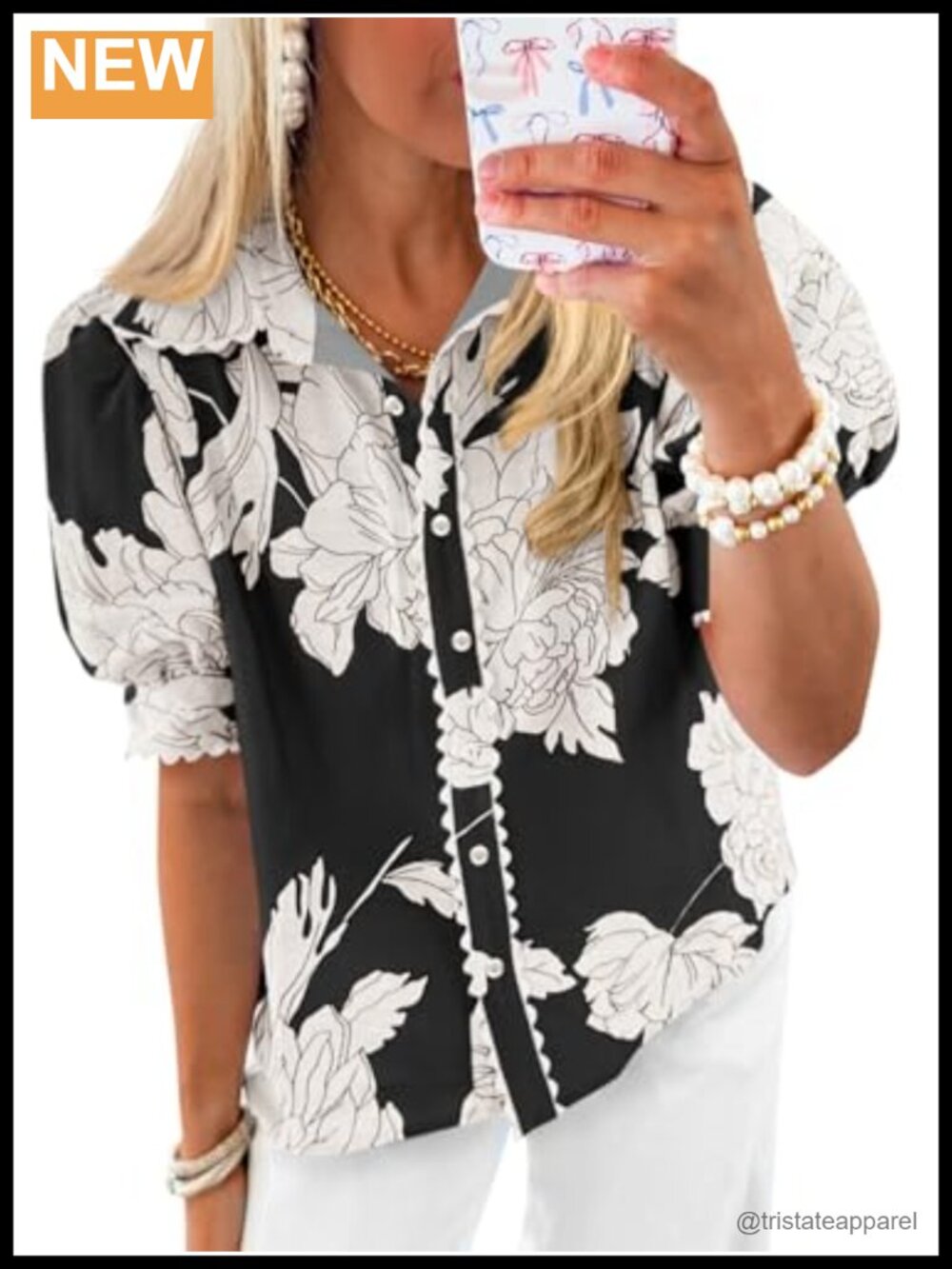 Womens Floral Button Down Blouse Puff Sleeve V-Neck Summer Top